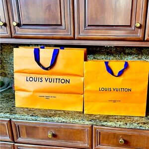 TWO AUTHENTIC LV LOUIS VUITTON ORANGE PAPER SHOPPING TOTE BAGS LARGE AND MEDIUM
